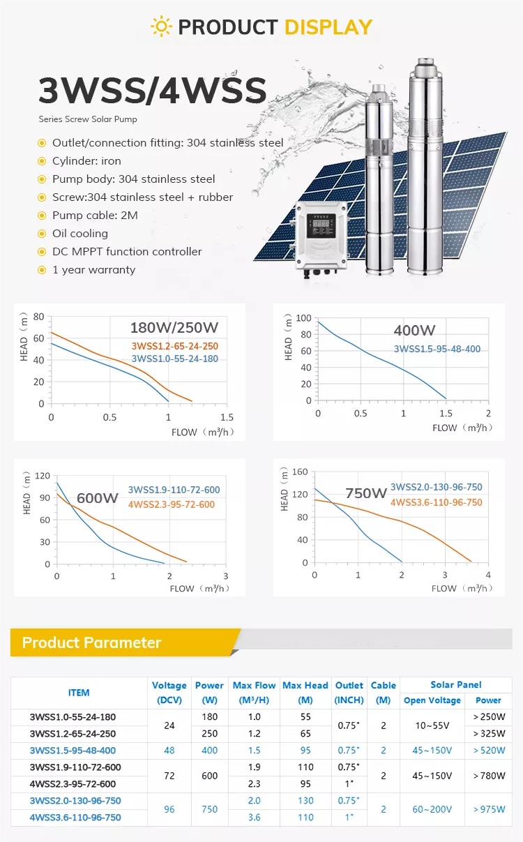 3WSS DC solar screw borehole pump performance and model details